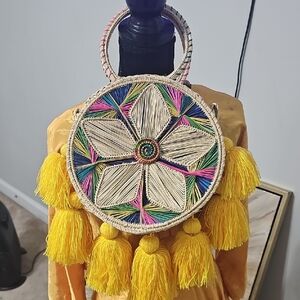 Multicolor Woven Round Shoulder Bag with Tassels